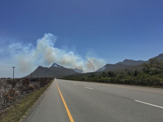 Forest fire blocking our path, had to go back to Hermanus
