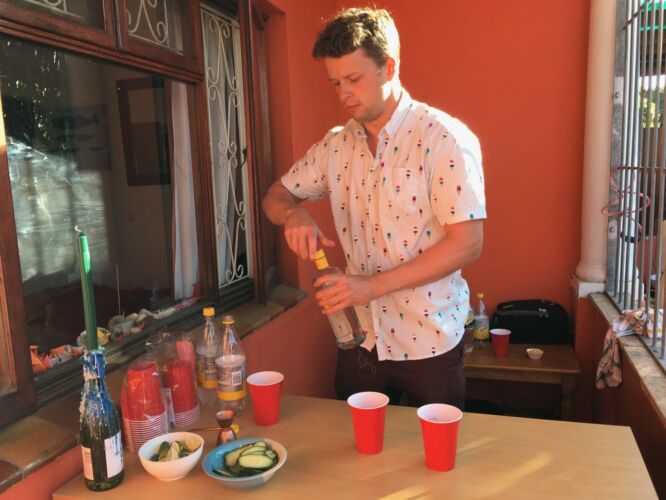 Spencer bartending