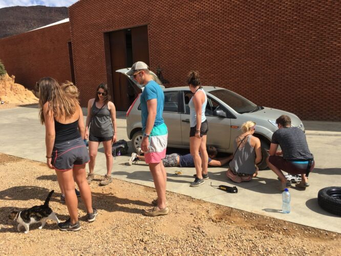 Classic shot of the group changing a tire + cat